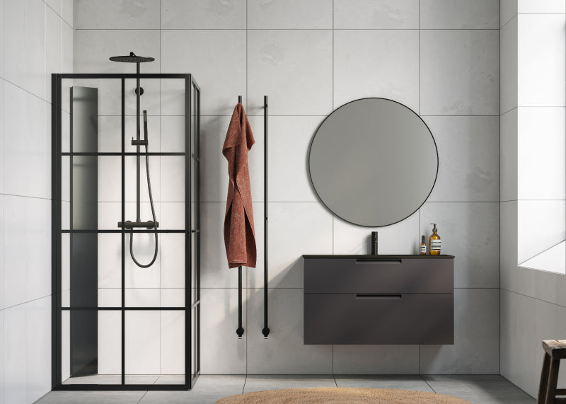 Suihkunurkka Macro Design. Mustat profiilit / ruudukko / kirkaslasi. 89x89x201cm