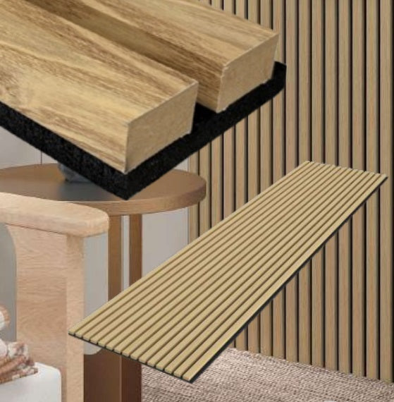 Akustiikkarimaseinäpaneeli 600x24x2440, väri tammi/musta pohjahuopa.