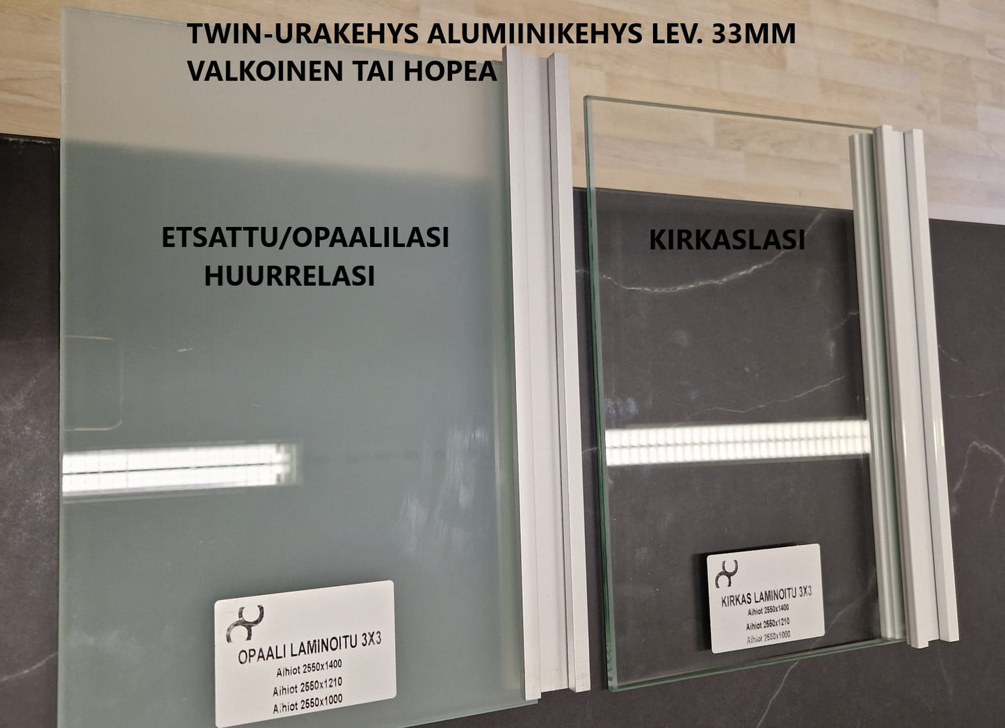 Tilanjakajaliukuovi vakioaukkoon lev. 84mm. Malli Ristikko, yläkantava, ETSATTU OPAALI-laminoitulasi, HOPEA profiilit