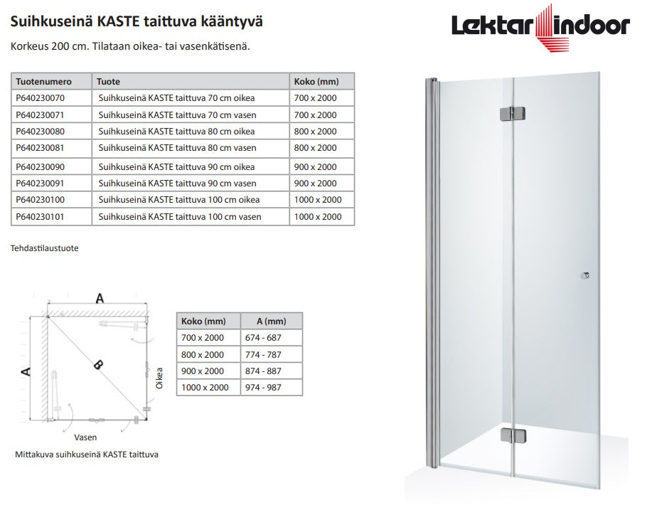 Suihkuseinä taittuva välisaranalla, Indoor Kaste. Lev. 70cm/ oikeaKirkaslasi /kiilt. kromi profiili.