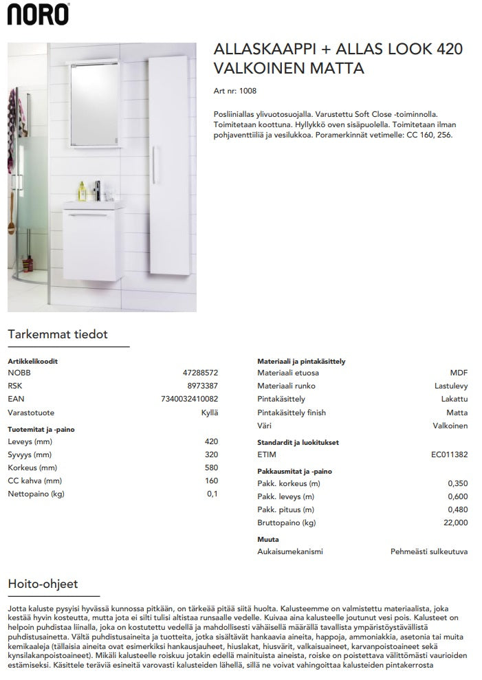Allaskaappi ja allas Noro Look 420, valkoinen