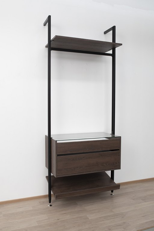 Inaria Stili-säilytysjärjestelmä musta/tummatammi 70cm tanko+ laatikosto, lasihylly+ kenkähylly