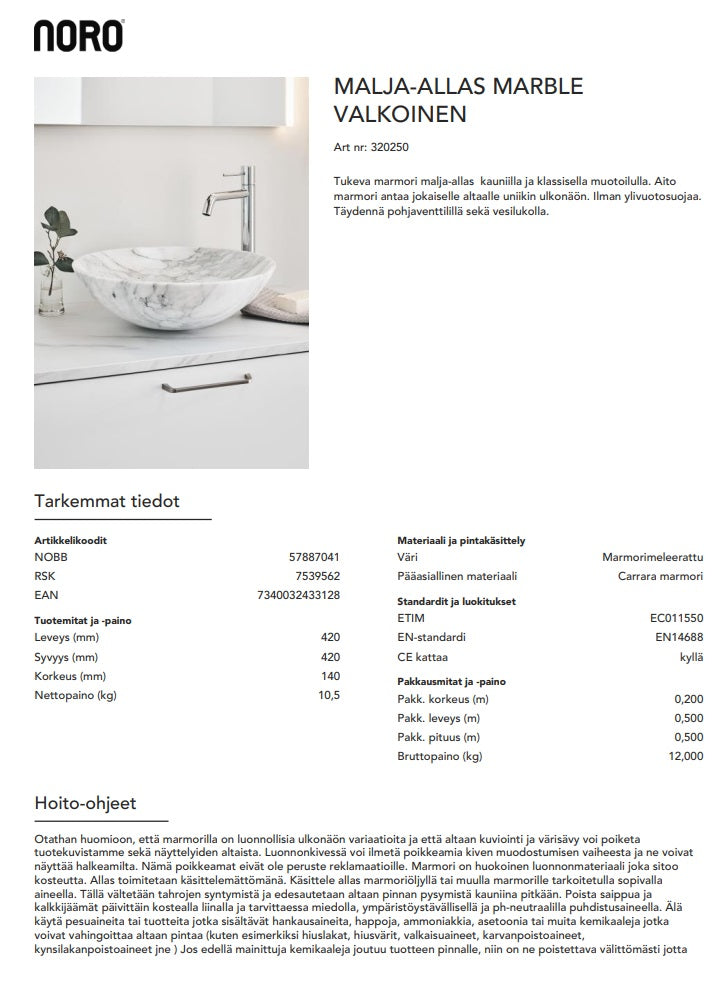 Pesuallas Noro marmori pyöreä malja. Vaaleamarmori.