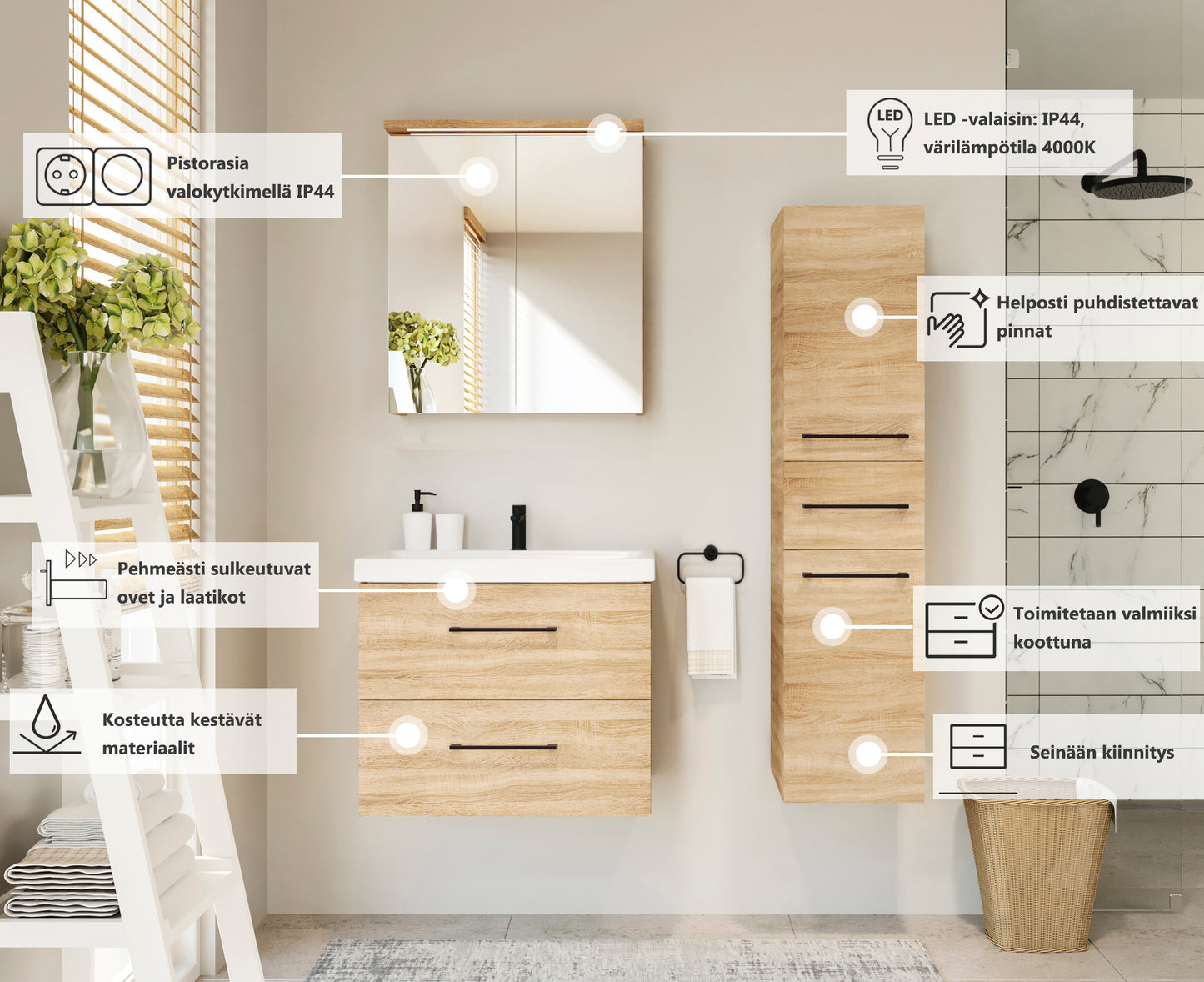 Peilikaappi Kiba Look 50 led-valolla ja pistorasialla, väri: Tammi