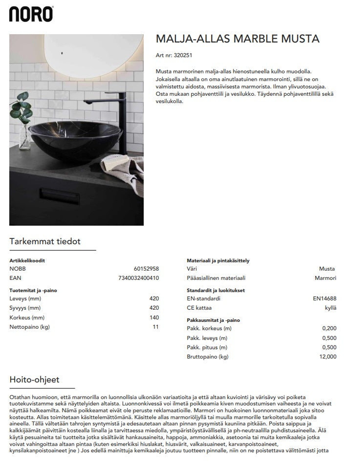 Pesuallas Noro marmori pyöreä malja. Musta marmori
