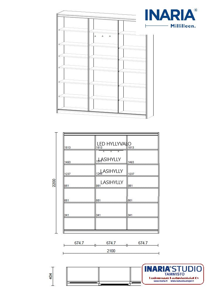 Inaria lasivitriini-kirjahylly liukuovilla. Lev. 210 x syv. 40 x kork. 220cm