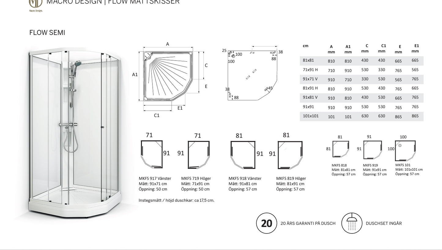 Suihkukaappi Macro Design Flow Semi Koko: 91x91x198. Valkoiset profiilit ja kirkkaat lasit.