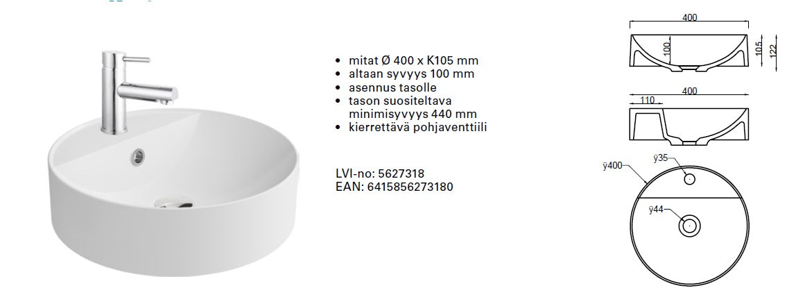 Malja-allas pyöreä valumarmoria halk. 40cm, hana- ja ylivuotoreiällä