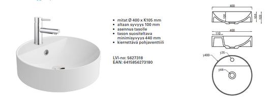 Malja-allas pyöreä valumarmoria halk. 40cm, hana- ja ylivuotoreiällä
