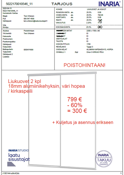 POISTOHINTAAN! Inaria-liukuovet ja kiskot
