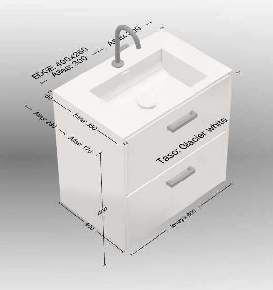 Puresolid-allaslaatikosto Sharp L lev. 600mm, syv. 400mm, kahdella laatikolla, Clasier White -valkoinen, rst-vetimin.