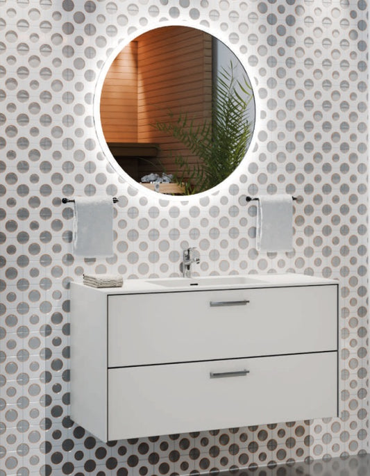 Puresolid-allaslaatikosto Sharp L lev. 600mm, syv. 400mm, kahdella laatikolla, Clasier White -valkoinen, rst-vetimin.
