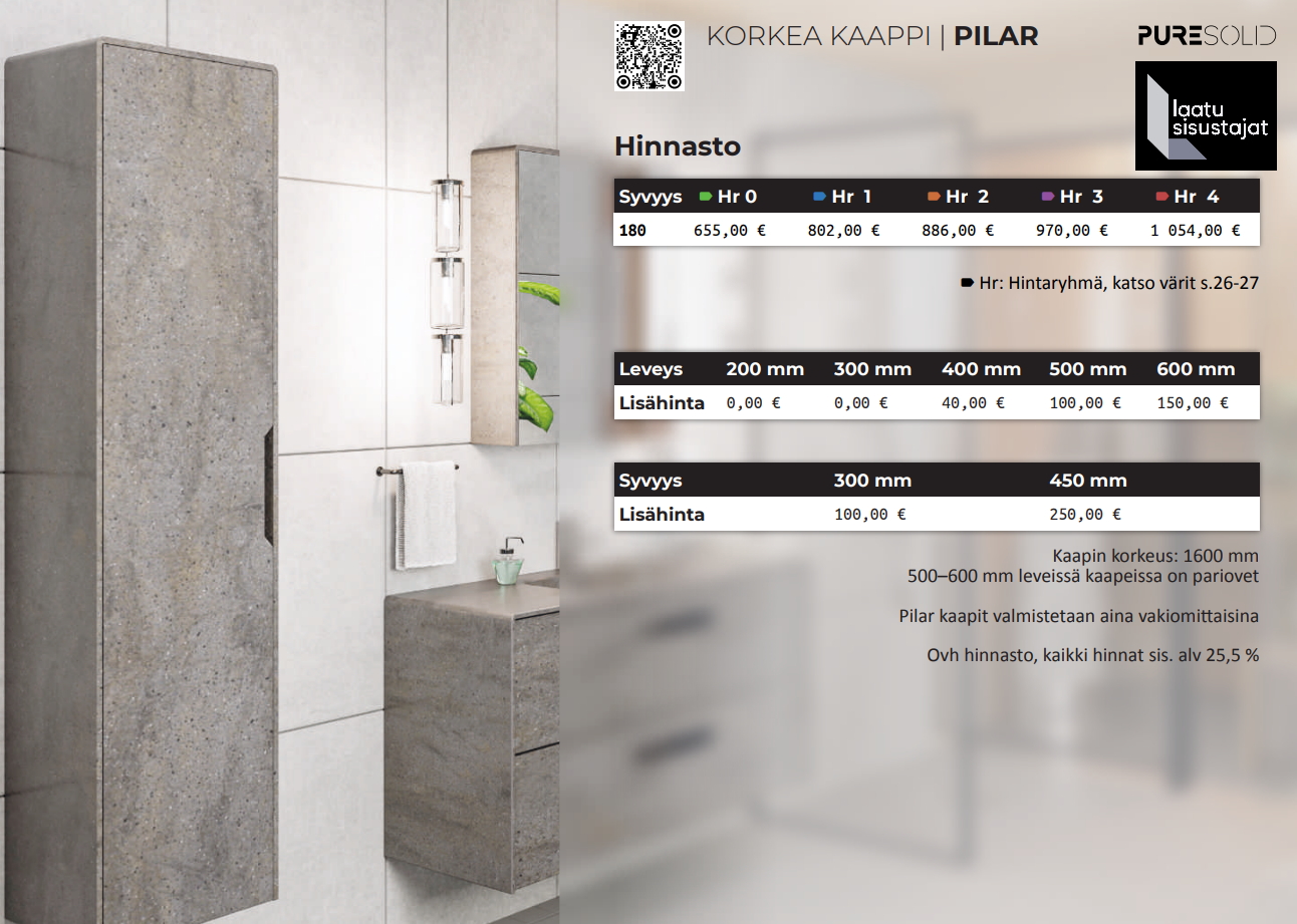 Puresolid Pilar -korkeakaappi. Lev. 200mm, syv. 180mm, kork. 1600mm. Clacier White