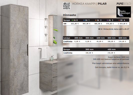 Puresolid Pilar -korkeakaappi. Lev. 200mm, syv. 180mm, kork. 1600mm. Clacier White