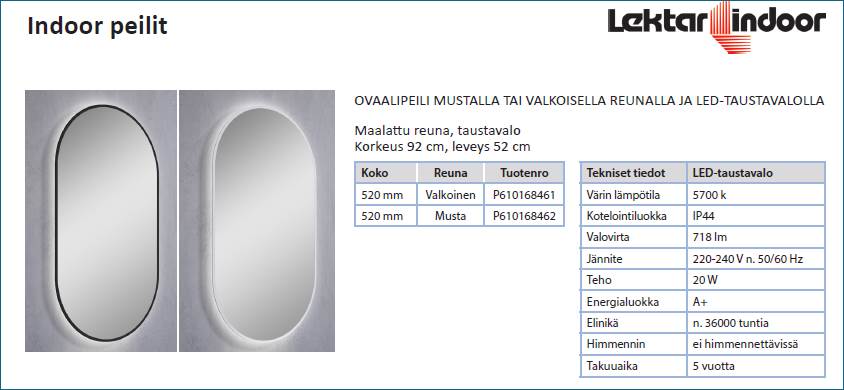 Valopeili Ovaali 920 x 520mm mustalla reunalla, POISTOHINTAAN!