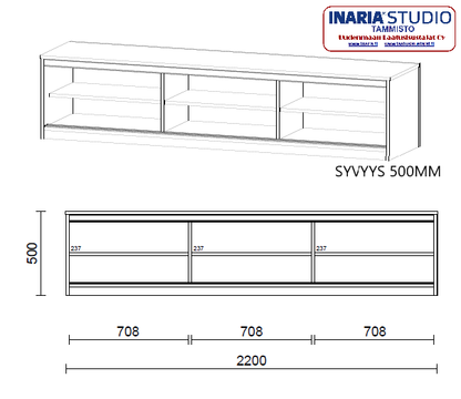 Inaria-tv-taso. Liukuovet 3 kpl kirkkaalla lasilla. Kork. 500 x pit. 2200 x syv. 500mm