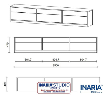 Inaria TV-taso. Pit. 250 x kork. 47 x syv. 42cm. Laatikoilla