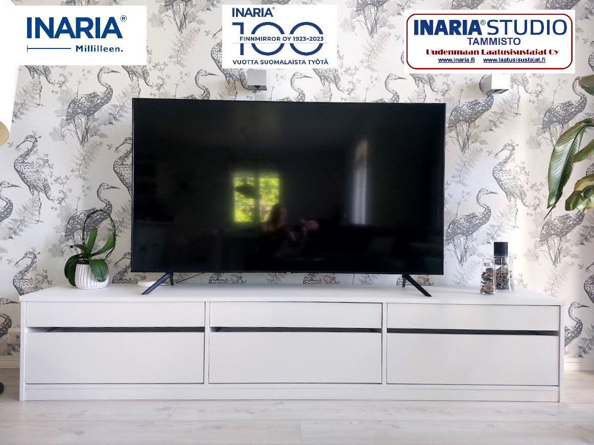 Inaria TV-taso. Pit. 250 x kork. 47 x syv. 42cm. Laatikoilla