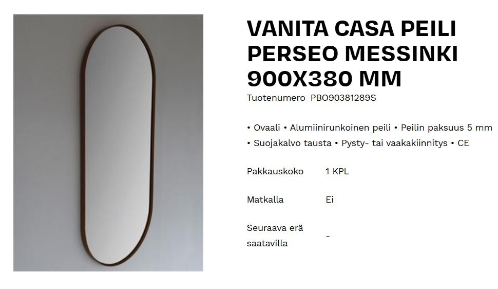 Peili Vanita Casa 900 x 380, messinki kehyksellä
