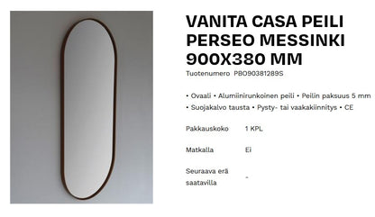 Peili Vanita Casa 900 x 380, messinki kehyksellä