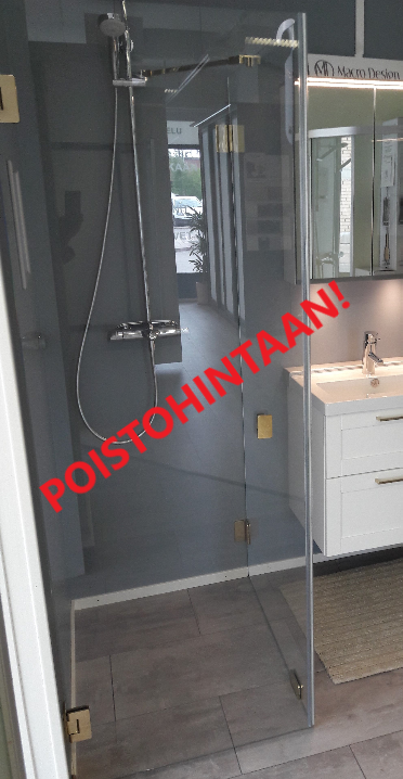Poistohintaan Macro Design Lux -suihkunurkka 70x90. Kullanvärisin heloin.