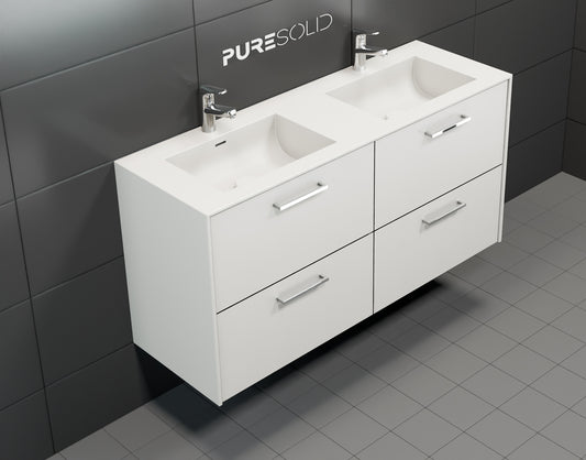 Puresolid-allaslaatikosto Sharp XL lev. 1200mm, syv. 400mm, 2:LLA ALTAALLA JA 4:LLÄ LAATIKOLLA Glacier White -valkoinen, rst-vetimin.