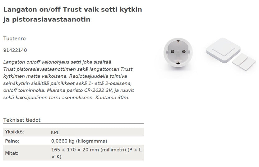 Langaton on/off seinäkytkin ja pistorasiavastaanotin Trust