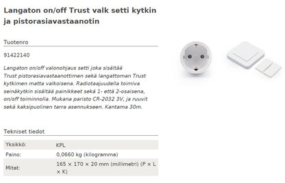 Langaton on/off seinäkytkin ja pistorasiavastaanotin Trust